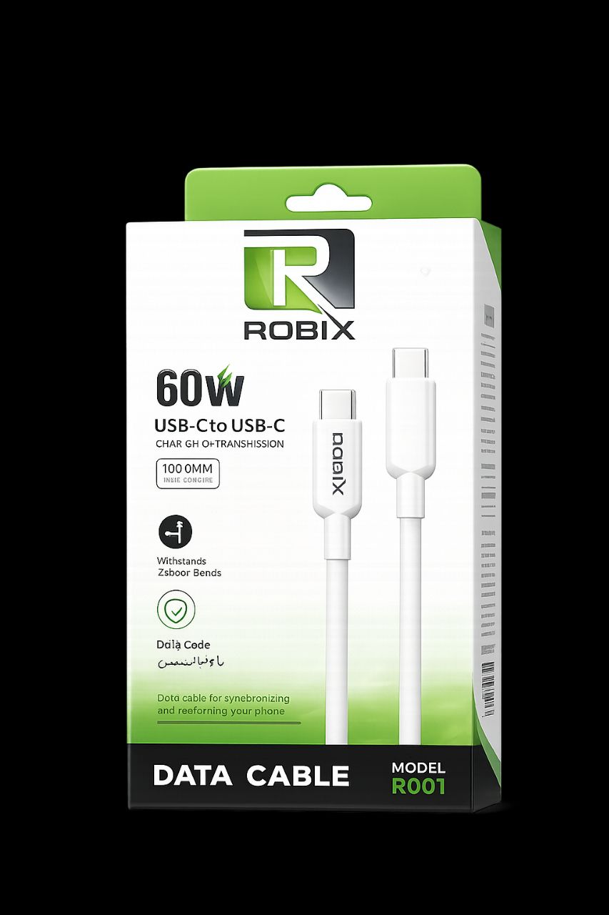 کابل شارژ و انتقال داده روبیکس ROBIX مدل R001 USB-C به USB-C توان 60 وات طول 1 متر