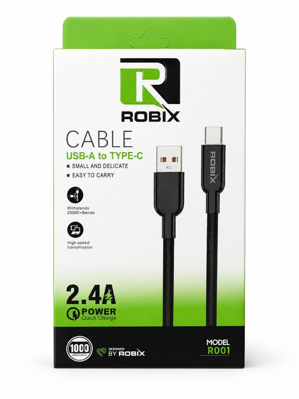 کابل شارژ روبیکس ROBIX مدل R001 USB-A به USB-C توان 2.4 آمپر طول 1 متر